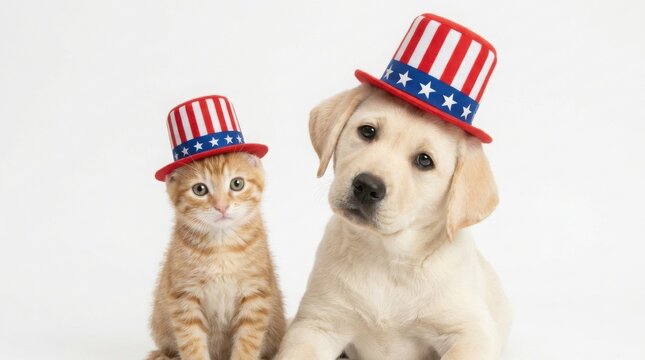 Cute kitten and puppy wearing patriotic hats isolated on white background