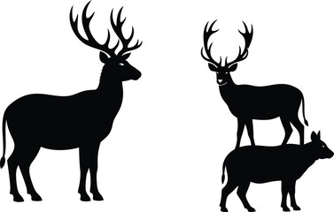 Naklejka premium Deer and Boar Silhouettes on White Background