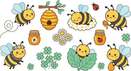 Fototapeta premium Cute Bee Cartoon Collection with Beehive Honey Clover Flowers Ladybug and Adorable Pollinator Characters Vector Illustration Set