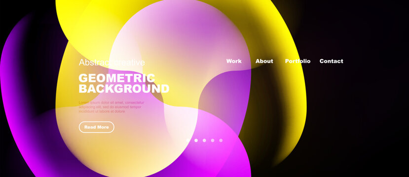 Abstract vibrant design features overlapping colorful shapes. Text elements present website navigation options, plus read more button.