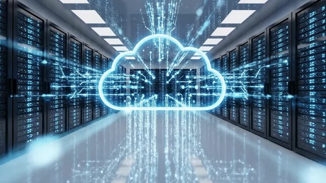 Server room with glowing blue cloud computing data stream, digital information flow, abstract technology and network connection