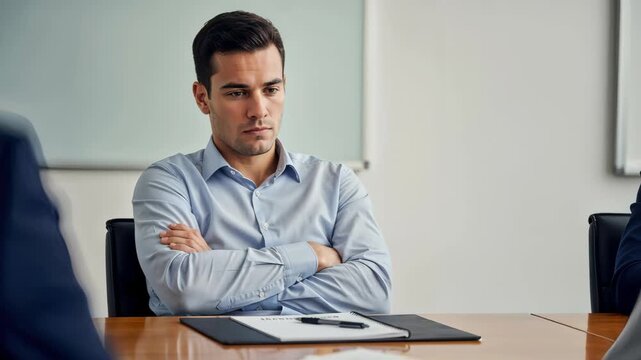 Disinterested businessman with arms crossed at a meeting. Bored professional man sitting at a conference table in a modern office. Negative body language and workplace frustration concept