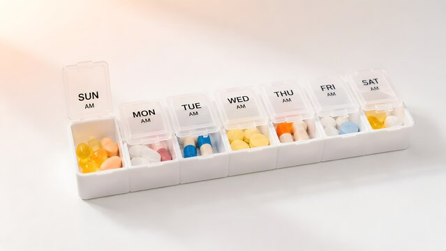 Organized daily pill organizer with various colorful medications for health and wellness