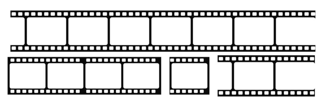 Movie film strip vector illustration featuring blank cinema negative photo frame template in black solid silhouette
 style for video editing design.