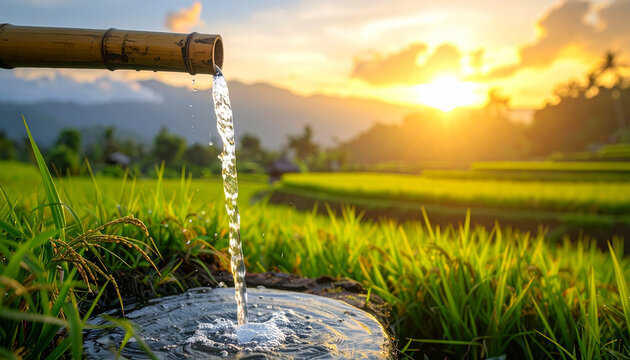 Clear water flowing from bamboo against a vibrant sunset over a landscape