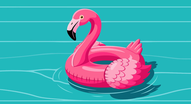 Playful Pink Flamingo Pool Float Gently Drifting in Blue Water, Capturing the Essence of Summer Vacation Fun and Tropical Leisure Relaxation