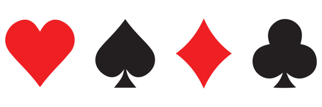 Playing cards suits vector icon pack featuring casino poker spades hearts clubs and
 diamonds symbols in black and red solid glyph styles.