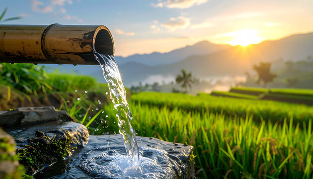 Clear water flowing from bamboo spout in scenic natural environment