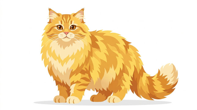 Fluffy ginger cat vector illustration, cute long-haired orange domestic feline standing isolated on white background