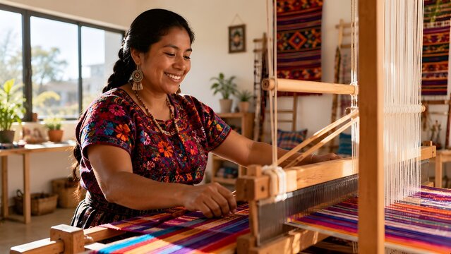 Skilled artisan woman happily weaving colorful textiles on a traditional loom in a bright workshop