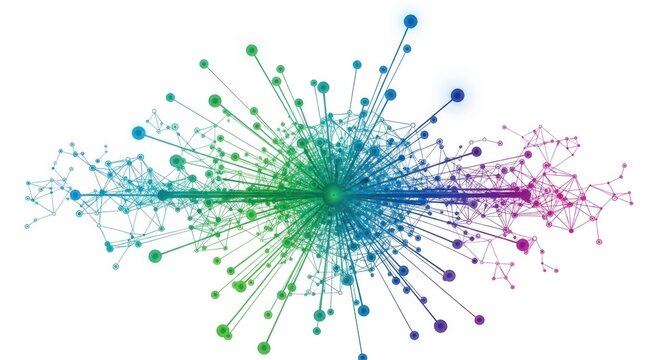 A colorful, abstract network diagram with a rainbow gradient, featuring a mix of geometric shapes and lines, set against a white background.