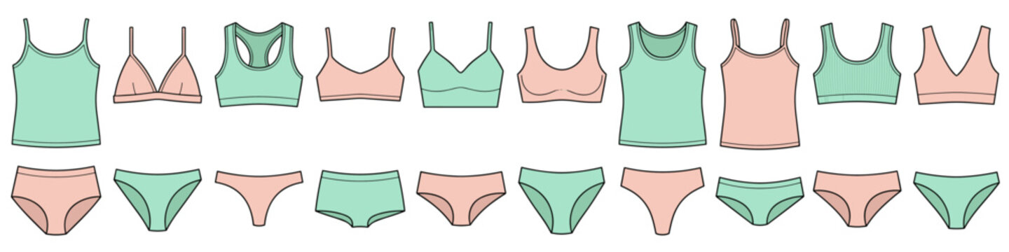 Pastel mint and peach camisole bra and panties set. Set of female vector template on transparent background. Front view. Outline fashion technical sketch of mix and match.