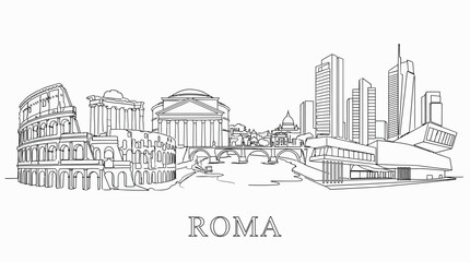 Fototapeta premium Minimalist black and white line art illustration of rome city skyline with cityscape landmark architecture monument illustration minimalist building historical structure artistic silhouette