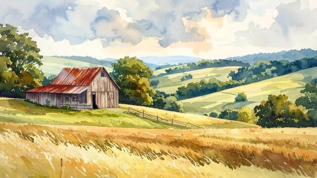 Watercolor painting of a rural landscape with a barn and rolling hills