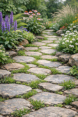 Obraz premium This image captures a peaceful moment in a beautiful garden, where a stone-paved path guides the viewer deeper into nature's tranquility. The vibrant flora adds an array of colors that contrast