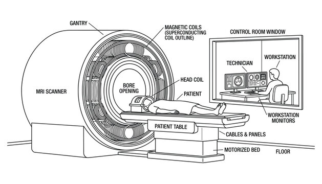 Magnetic resonance imaging mri scanner with patient on table in control room, medical technology vector illustration.