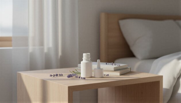 Serene morning scene featuring a professional dropper bottle with fresh lavender sprigs on a minimalist bedside table