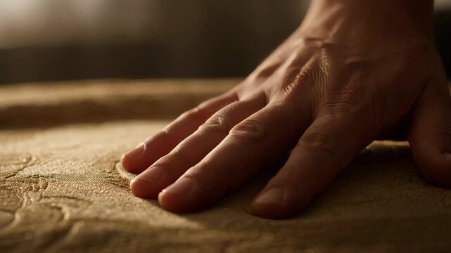 Hand touching expensive textured fabric. Close-up of luxury gold textile with intricate woven pattern. Cinematic side lighting on rich material