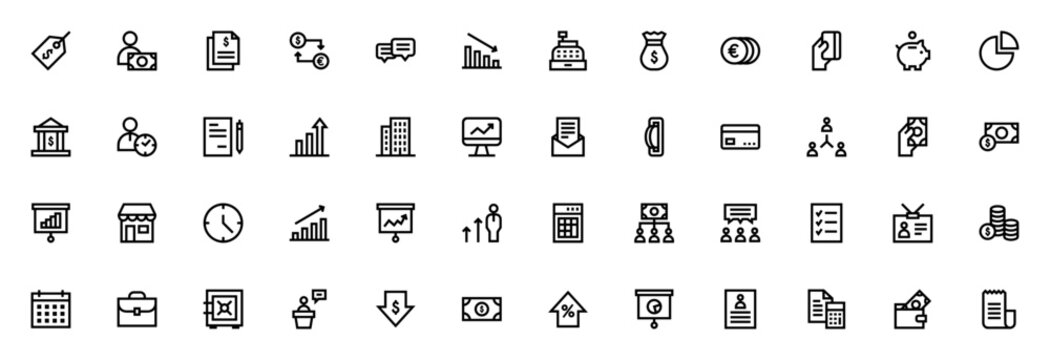 Business icon set. Minimalist vector icons pack. Includes symbols for price label, profit, receipt, exchange, negotiation, decreasing, cash register, money bag, coins, card payment, piggy bank, pie ch