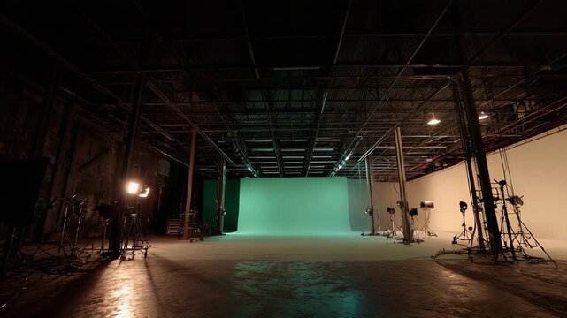 Large empty film studio sound stage preparing for production featuring a bright green screen cyclorama, lighting equipment, and industrial rigging overhead, ready for content creation