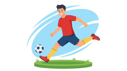 Fototapeta premium Young Male Football Player Kicking Soccer Ball on Green Field with Blue Sky Background.