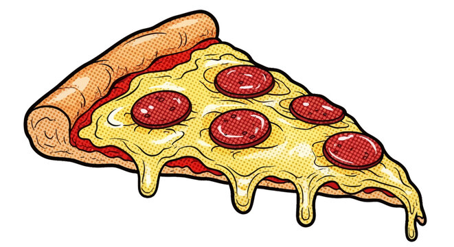 Vibrant cartoon illustration of a hot pepperoni pizza slice with gooey melted cheese dripping, a tasty and classic Italian food graphic for menus and promotions