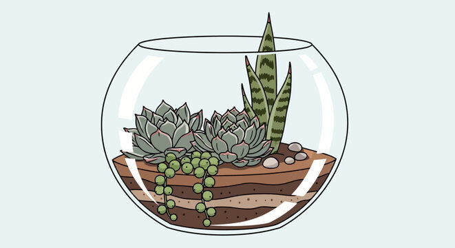 Beautifully arranged succulent terrarium in a clear glass bowl with layered soil and pebbles, showcasing a variety of healthy green plants