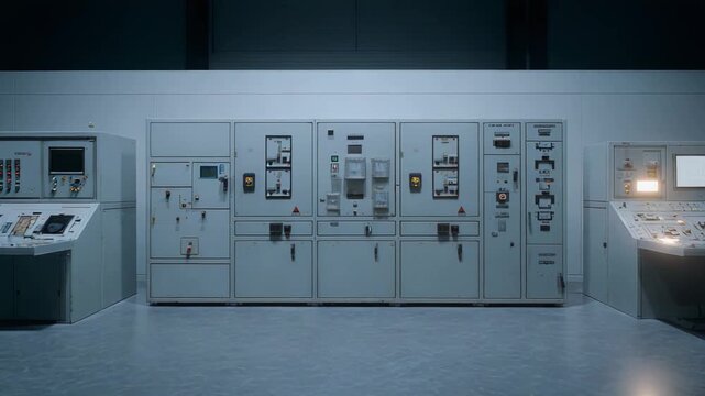 Industrial control room featuring an array of retro technology, machinery, and monitoring stations, illustrating historical operational infrastructure and mechanical engineering