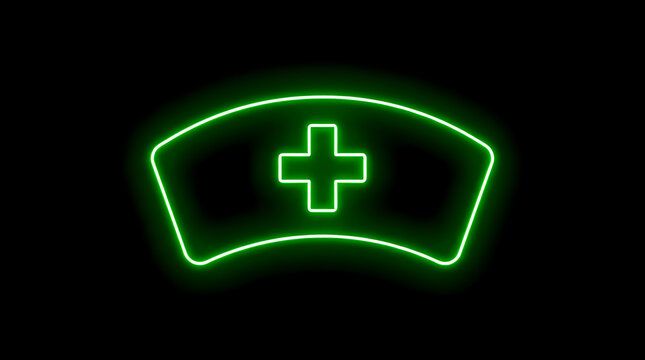 Neon green glowing nurse hat symbol with a cross icon on a black background healthcare medicine