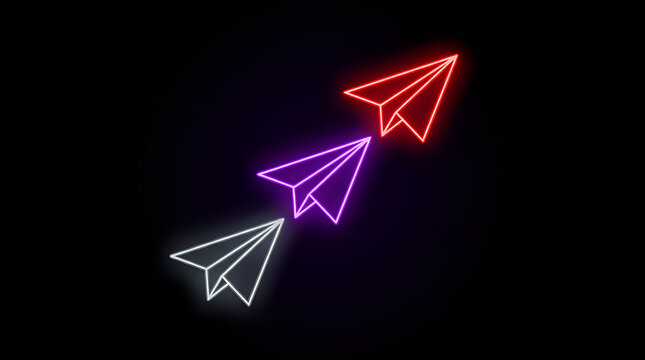 Abstract neon paper airplane flight trajectory concept with airplane trajectory innovation