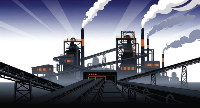 Industrial factory complex with smokestacks emitting smoke at dusk