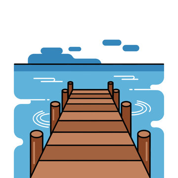 Brown wooden dock on blue water.