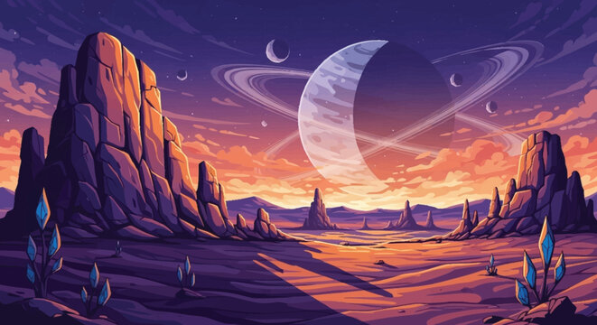 Planets and moons orbit a vibrant desert landscape at sunset with rocky formations.
