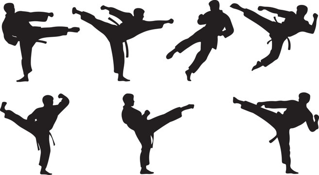Set of martial arts silhouettes, karate fighters in various kicking poses, collection of taekwondo athletes, vector illustration