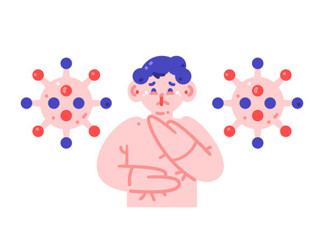 Illustration of a man with a nosebleed and bleeding from the ear. Viral infection and bleeding. Symptoms of Ebola virus disease. Health problems and outbreaks. Characters, gestures, and expressions