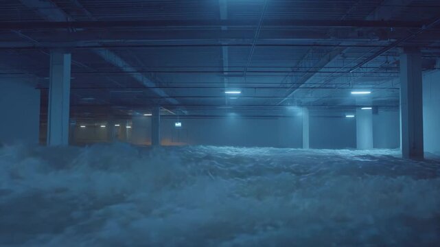 Underground parking garage with its concrete structure, pillars, and fluorescent lighting completely submerged by strong, powerful waves, symbolizing climate change and environmental disaster