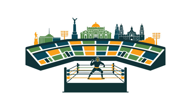 Boxing Arena Illustration With City Skyline Elements Integrated.
