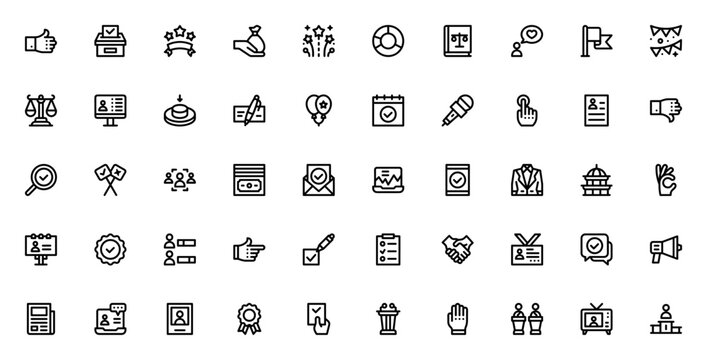 Voting Election icon set. Minimal linear icons. Political icon pack. Related to voter, ballot, flag, campaign, debate, vote, donation, law, and more. Editable stroke.
