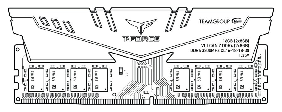 Computer memory module illustration with heat sink and memory chips for high performance computing.