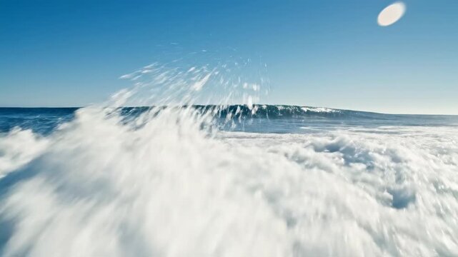 Crashing ocean wave with white foam and spray under a clear blue sky, dynamic water motion, seascape