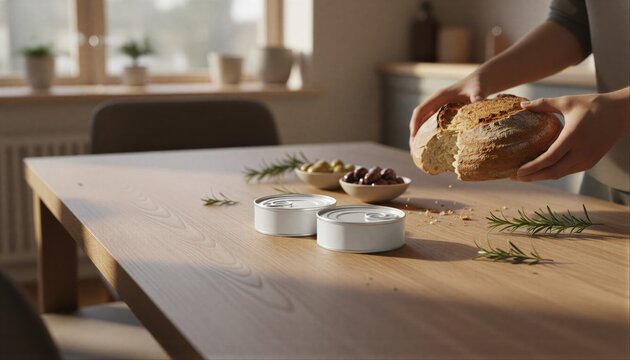 White gourmet food tins on a warm wooden table with crusty bread