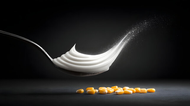 Creamy swirl of white yogurt lifts from spoon with corn kernels scattered below, dramatic lighting and motion conveying freshness and texture