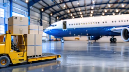 Obraz premium Warehouse Scene with Cargo Loader, Airplane, and Shipping Boxes in Large Hangar Environment