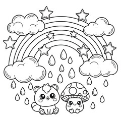 Fototapeta premium Cute Rainbow And Mushroom Coloring Book Page Kawaii Outline Illustration