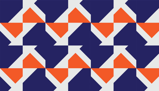 Seamless geometric pattern with abstract house-like shapes and triangular elements in navy blue, orange, and light gray, modern repeating design