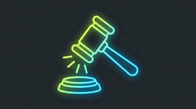 Green and blue glowing neon judge gavel icon on dark background with judiciary courtroom authority