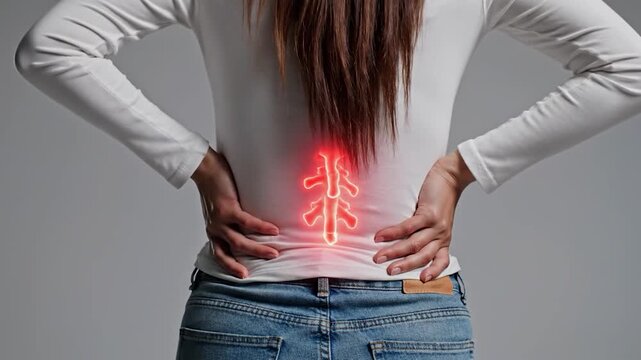 Woman touching her lower back with glowing red spine indicating lumbar pain