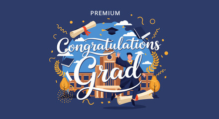 Fototapeta premium Graduation celebration with student jumping in front of university