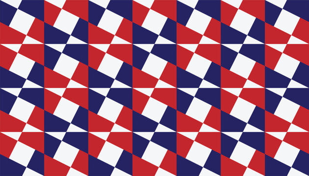 Seamless geometric pattern with abstract squares and triangular shapes in red, blue, and white, modern repeating design
