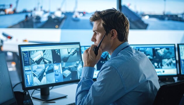Security Guard Monitoring Surveillance Cameras on Multiple Screens in Control Room